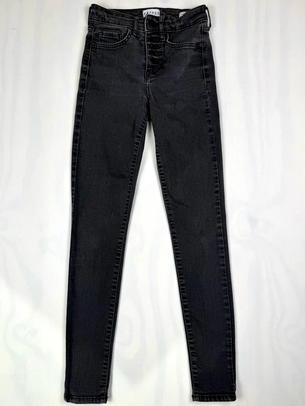 FRAYED Jeans High Rise Skinny Black Gray Wash Button Fly Stretch Size 24